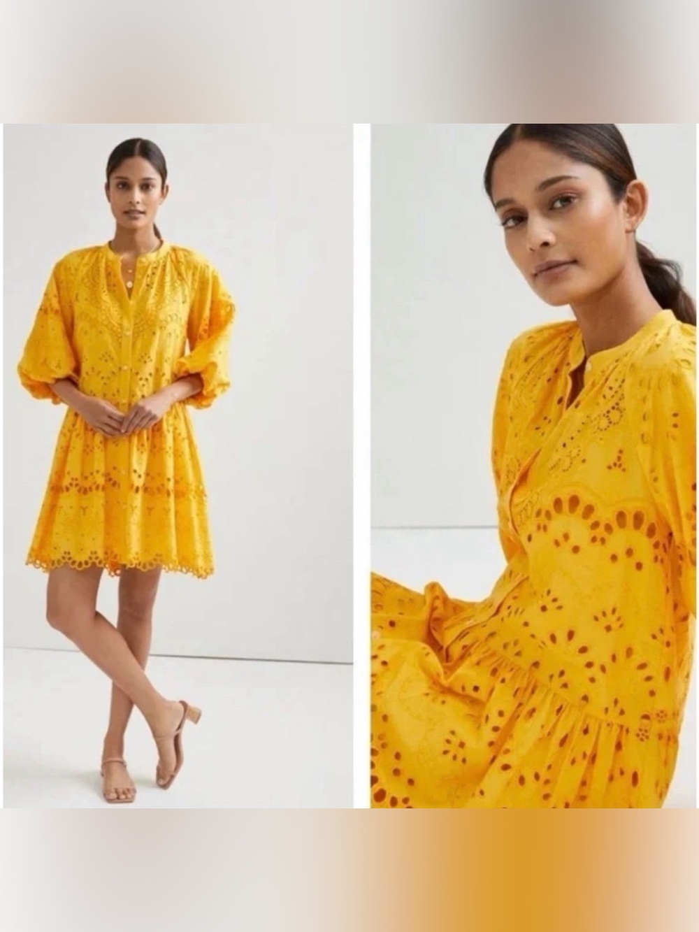 Anthropologie - Yellow Eyelet Tiered Mini Dress